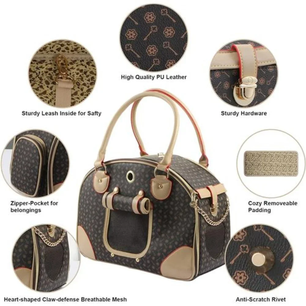 Fashion Dog Carrier PU Leather Dog Handbag Dog Purse Cat Tote Bag Perown, Large